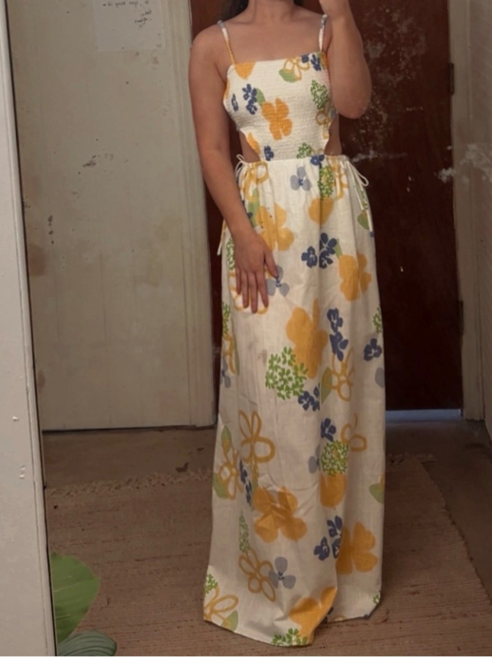White Floral Smocked Maxi Dress with Yellow & Blue Print